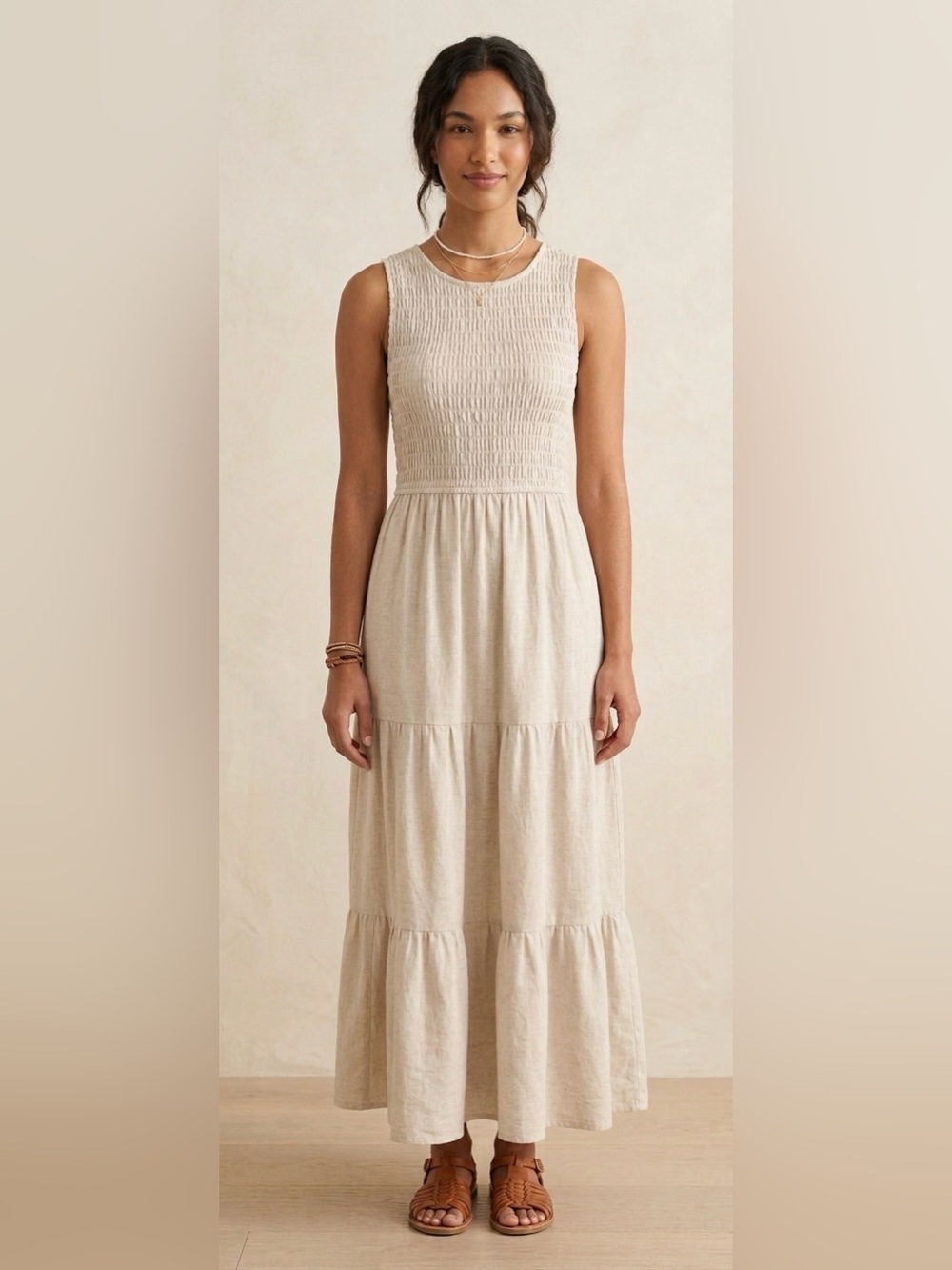 CALLI Smocked Tiered Linen Blend Dress Cream Oatmeal 10 Cottagecore Sleeveless